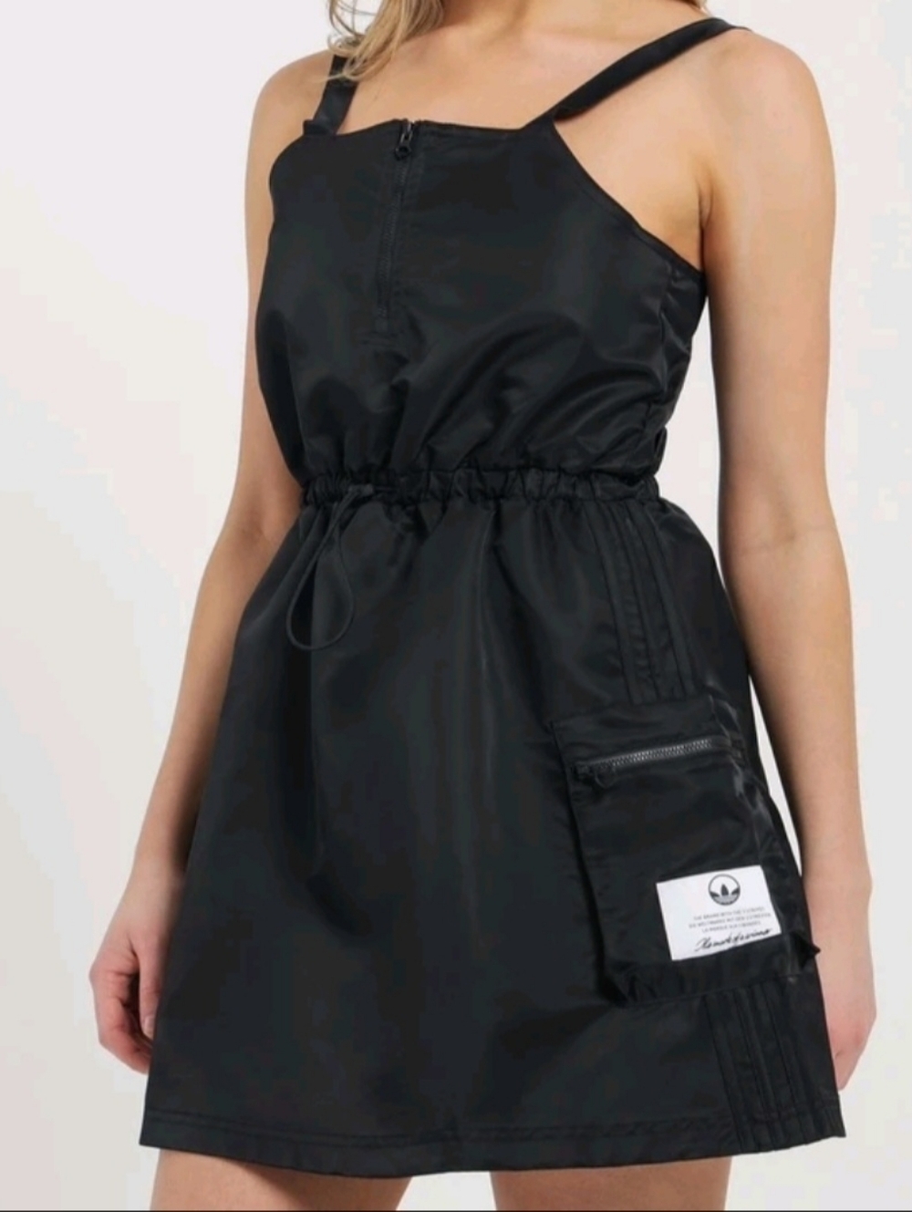 Adidas Black Drawstring Waist Mini Dress with Front Zip - SMALL